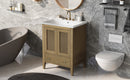 24" Bathroom Vanity with Ceramic Basin, Rattan Bathroom Storage Cabinet with Two Doors and Drawer, Solid Frame, Natural