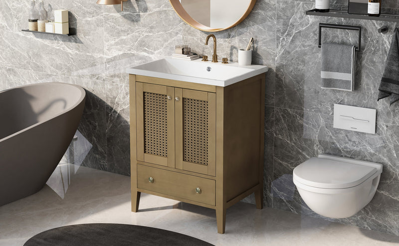 24" Bathroom Vanity with Ceramic Basin, Rattan Bathroom Storage Cabinet with Two Doors and Drawer, Solid Frame, Natural