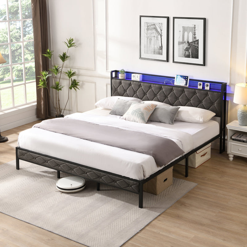 Walker Edison | Upholstered Storage Charging Station and LED Lights Bed