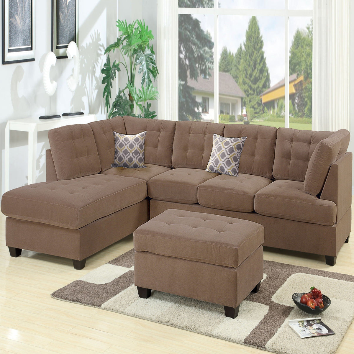 Truffle Waffle Suede Sectional Sofa With Tufted Cushions And Accent Pillows, Reversible Chaise - Neutral, photo 7 of 7