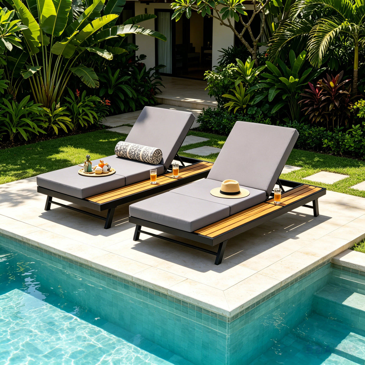 Black Iron + Teak Finish Chaise Lounge Set, photo 5 of 10