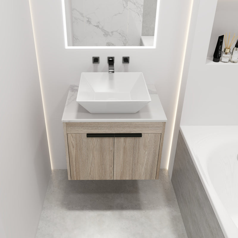 24" Modern Design Float Bathroom Vanity With Ceramic Basin Set, Wall Mounted White Oak Vanity With Soft Close Door, KD-PackingD-Packing Pieces