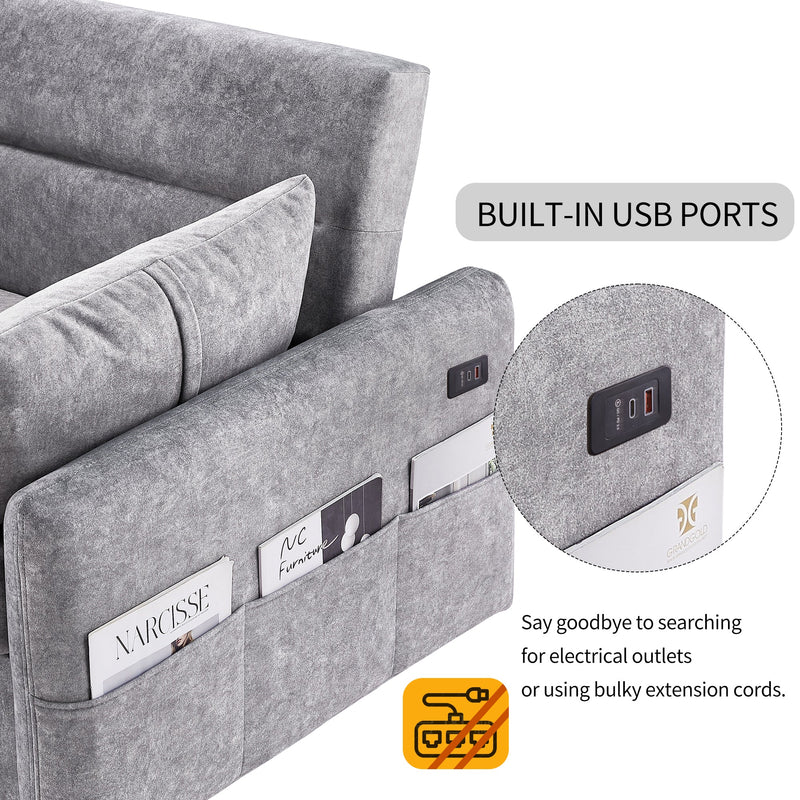 55.1" Pull Out Sleep Sofa Bed Loveseats Sofa Couch with Adjustable Backrest, Storage Pockets, 2 Soft Pillows, USB Ports for Living Room, Bedroom, Apartment, Office,Grey