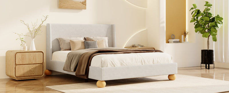 Walker Edison - Modern Boucle Upholstered Platform Bed with Wingback Headboard and Round Wooden Legs, Beige,Queen Size