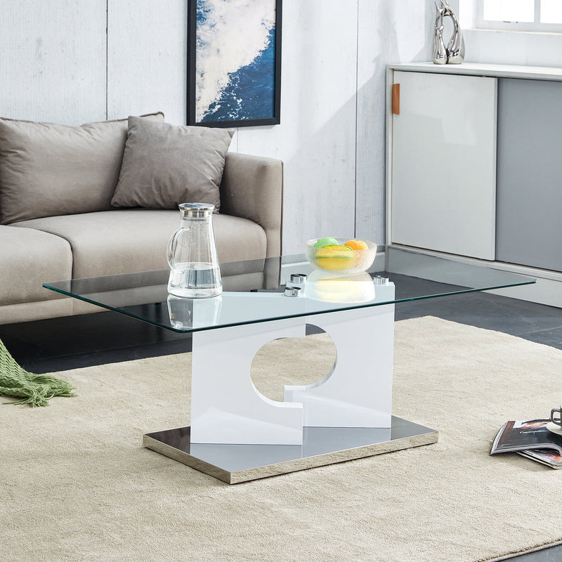 A rectangular modern and fashionable coffee table with tempered glass tabletop and white MDF legs. Suitable for living room.47.2"x25.5"x18"