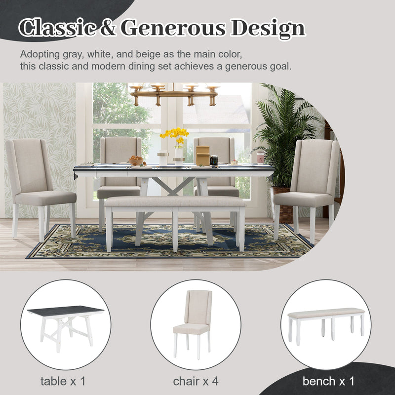 6-Piece Classic Dining Table Set, Rectangular Extendable Dining Table with two 12"W Removable Leaves and 4 Upholstered Chairs & 1 Bench for Dining Room (Gray+White)