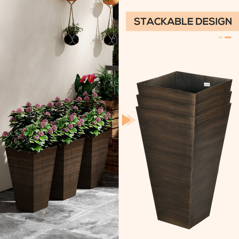 28" Tall Outdoor Planters, Set of 3 Large Taper Planters with Drainage Holes and Plug, Faux Wood Plastic Flower Pots for Outdoor, Indoor, Garden, Patio, Brown