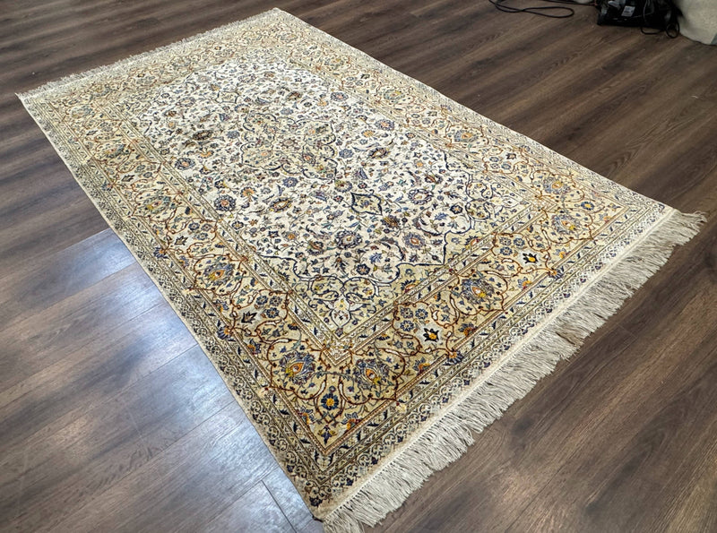 Rare Silk Persian Kashan Rug 4.6 x 7, Antique Fine 310 KPSI, Ivory