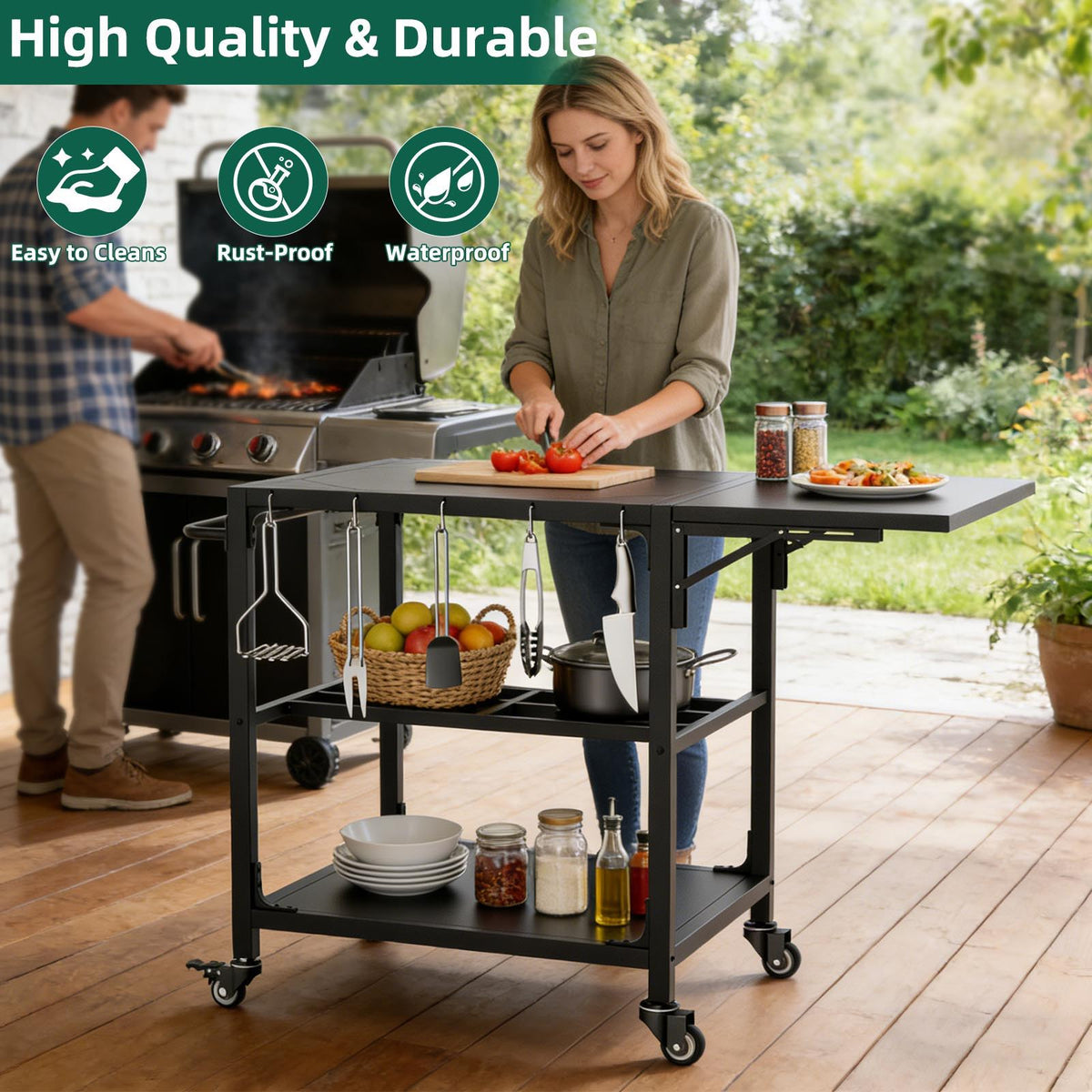 Outdoor Grill Table, Prep Cart With Wheels, Storage Shelf And Hooks - Black, photo 9 of 12