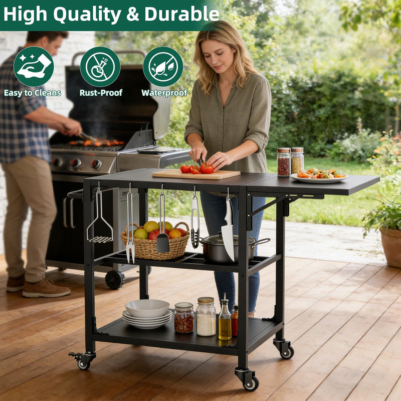 Outdoor Grill Table, Prep Cart With Wheels, Storage Shelf And Hooks - Black, photo 9 of 12
