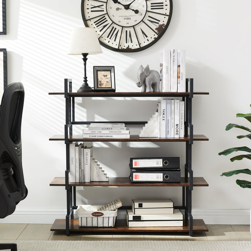 4 Tier Office Bookcase Shelf Rustic Wood Metal Bookshelves Freestanding Open Book Shelf, Industrial Tall Corner Bookcase Easy to Assemble for Home Office, Living Room and Bedroom
