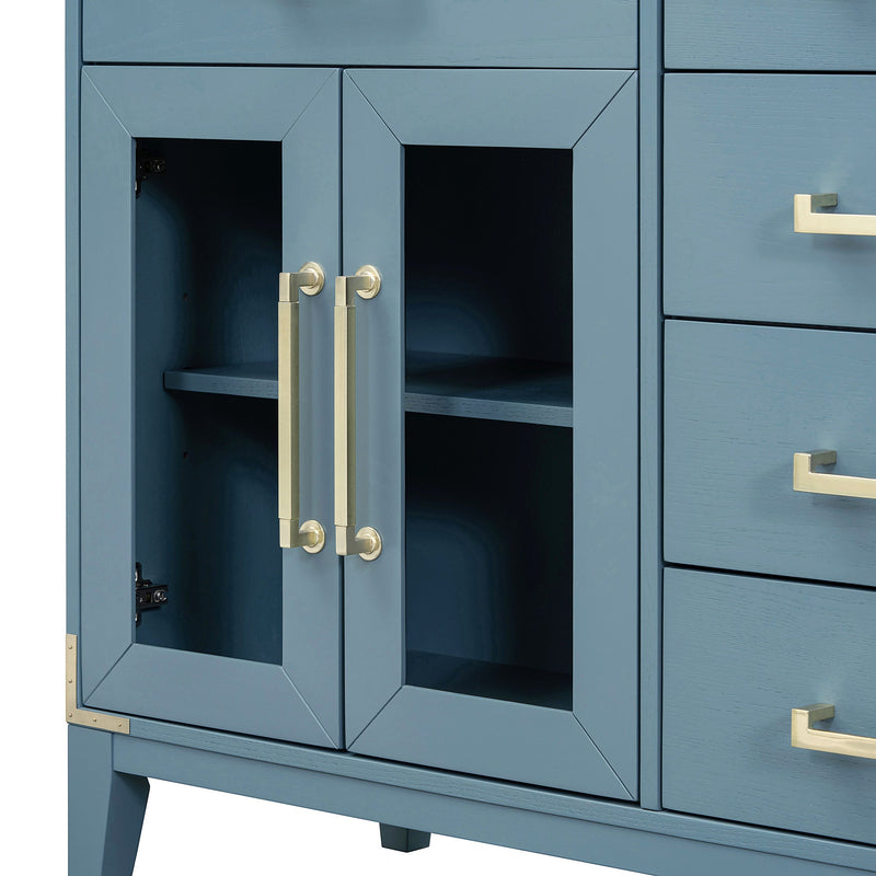 6-drawer and 2-Cabinet Retro Sideboard with Extra Large Storage Space, with Gold Handles and Solid Wood Legs, for Kitchen and Living Room (Antique Blue)