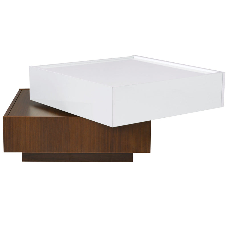 Walker Edison - Square 360°Rotating Coffee Table with 2 Drawers, High Gloss 2-Tier Center Table with Swivel Tabletop and Storage, Walnut Table Frame Side Table for Living Room, White