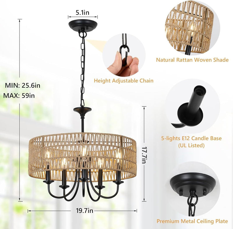 Walker Edison - Modern Farmhouse Chandelier Light Fixtures, 5-Lights Large Rattan Pendant Lighting with Hand Woven Wicker Shade, Boho Black Chandeliers for Dining Room Living Room Kitchen Island Bedroom