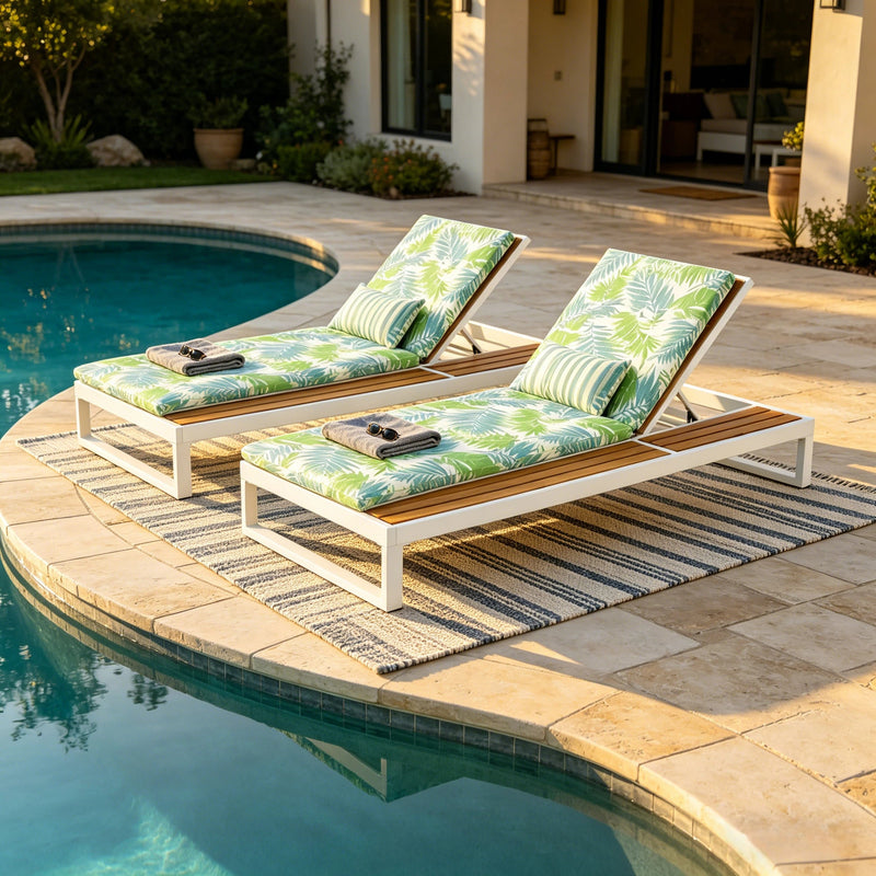 White Iron & Teak Finish Chaise Lounge Set, photo 4 of 10
