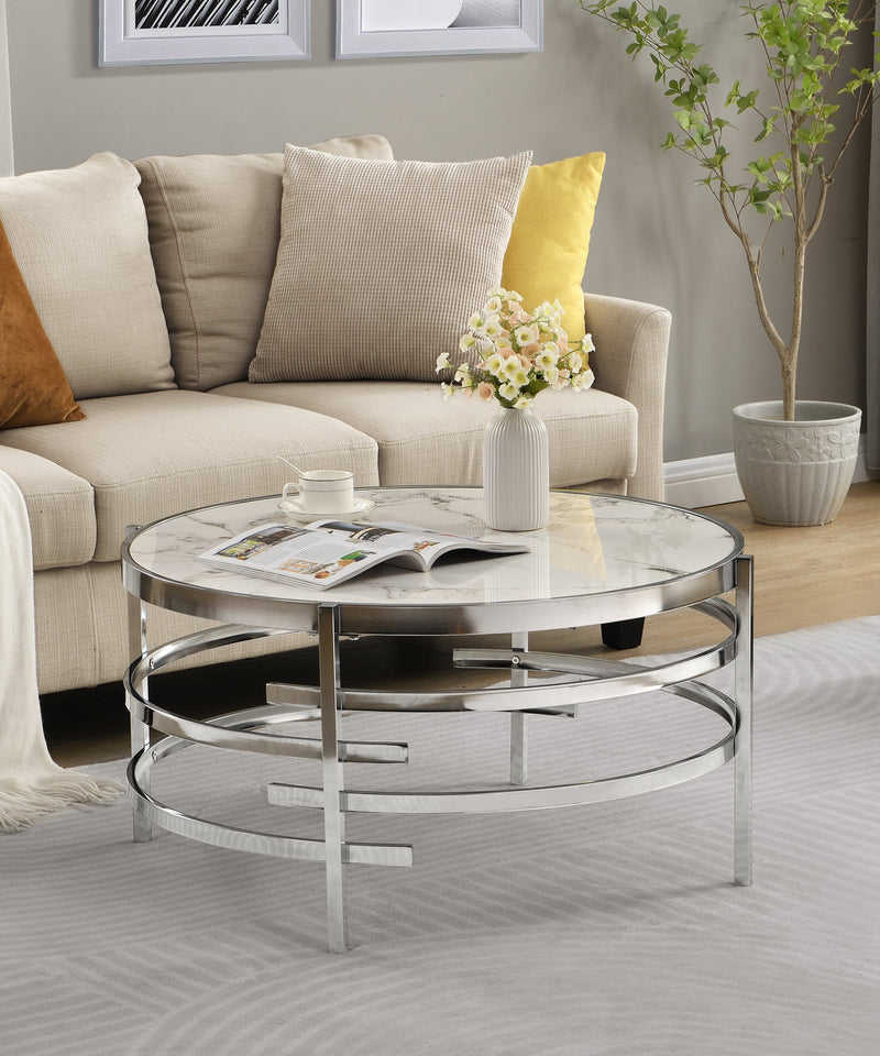 32.48" Chrome Round Coffee Table With Sintered Stone Top&Sturdy Metal Frame, Modern Coffee Table for Living Room, Silver