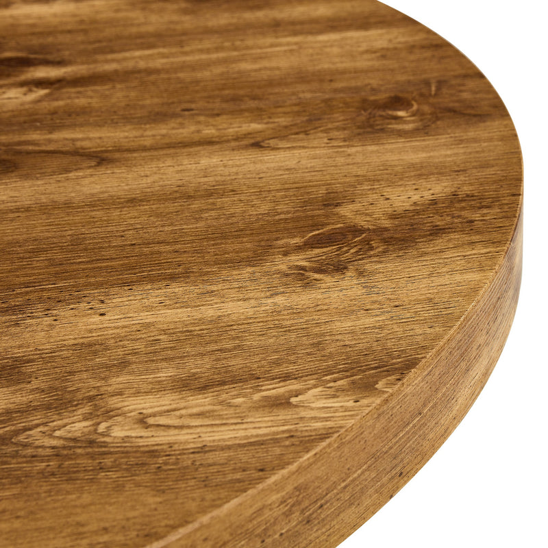 A modern and practical circular dining table. Made of MDF tabletop and wooden MDF table legs. A set of 6 brown cushioned chairs. CT-