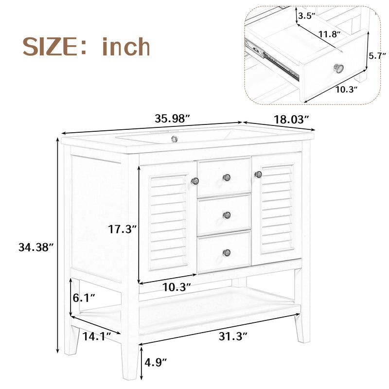 36" Bathroom Vanity with Ceramic Basin, Two Cabinets and Drawers, Open Shelf, Solid Wood Frame, White