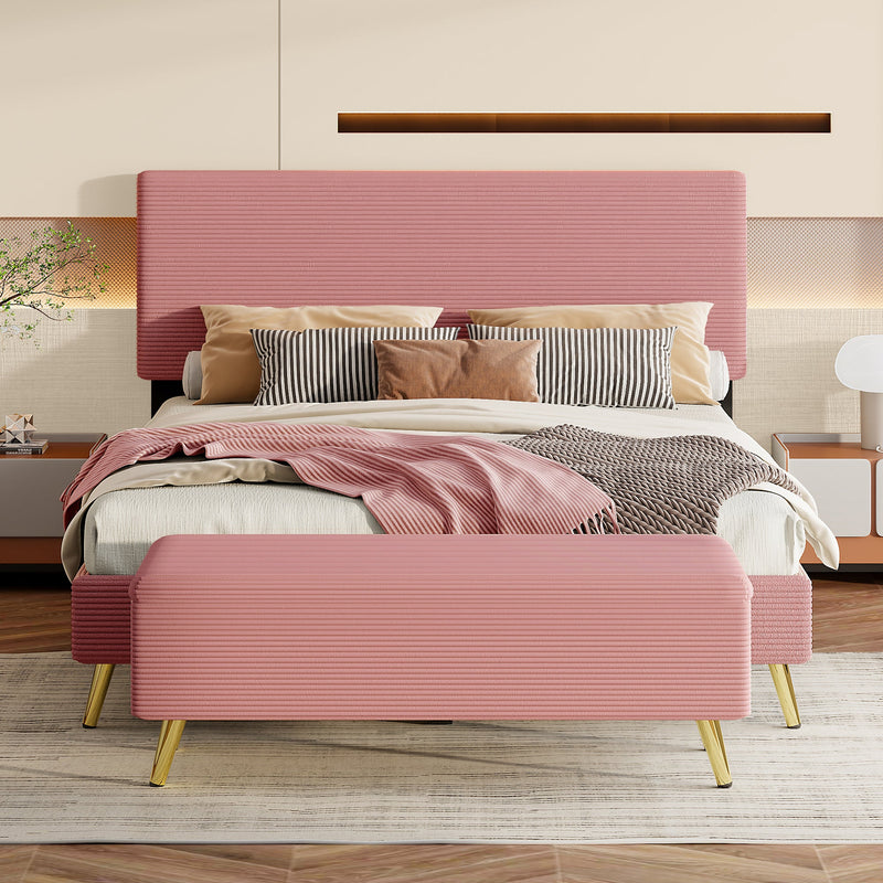 2 Pieces Bedroom Sets Queen Size Upholstered Bed Frame, Modern Corduroy Storage Ottoman,Pink