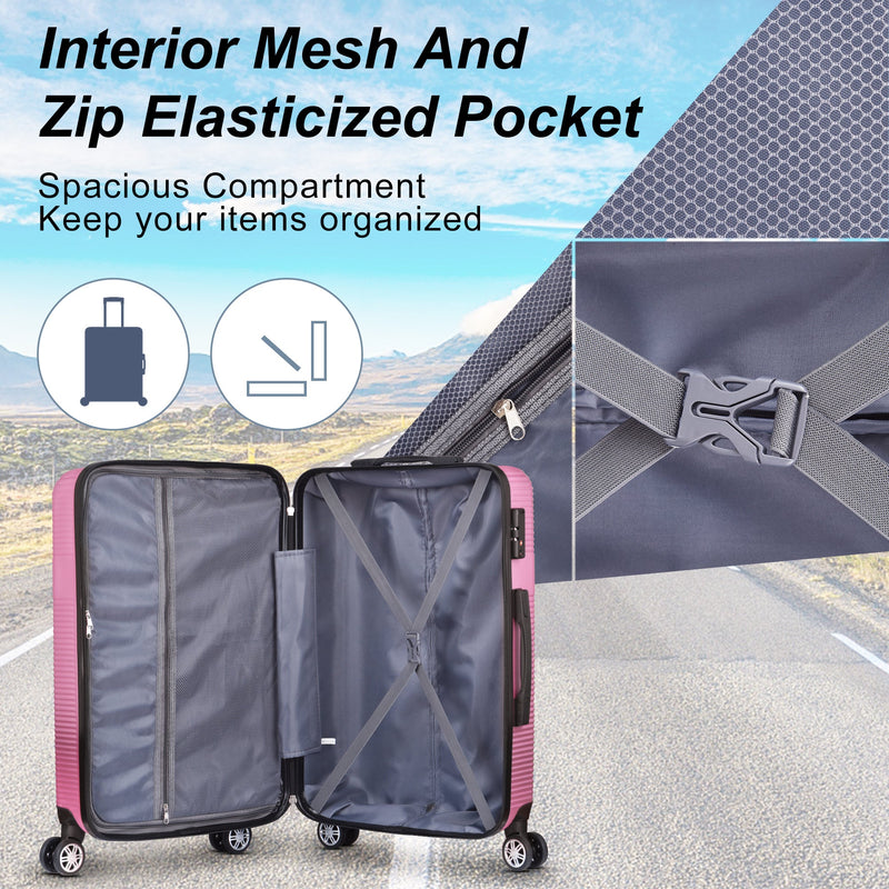 3 Piece Luggage with TSA Lock ABS, Durable Luggage Set, Lightweight Suitcase with Hooks, Spinner Wheels Cross Stripe Luggage Sets 20in/24in/28in