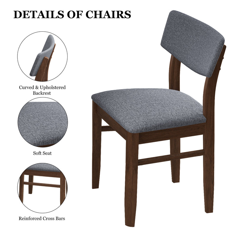2 PCS Dining Chairs Fabric Cushion Retro Upholstered Chairs Solid Rubber Wood for Kitchen Dining Room Small Space Grey Walnut Color