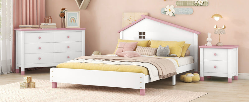 3-Pieces Bedroom Sets Full Size Platform Bed with Nightstand and Storage dresser,White+Pink