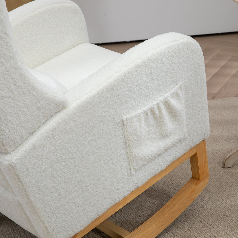 25.4'W Modern Rocking Chair for Nursery, Mid Century Accent Arm Rocker With Retractable Footrest, Side Pocket, Comfy Upholstered Wingback Wooden Glider Chair for Living Room Baby Kids Room. Ivory