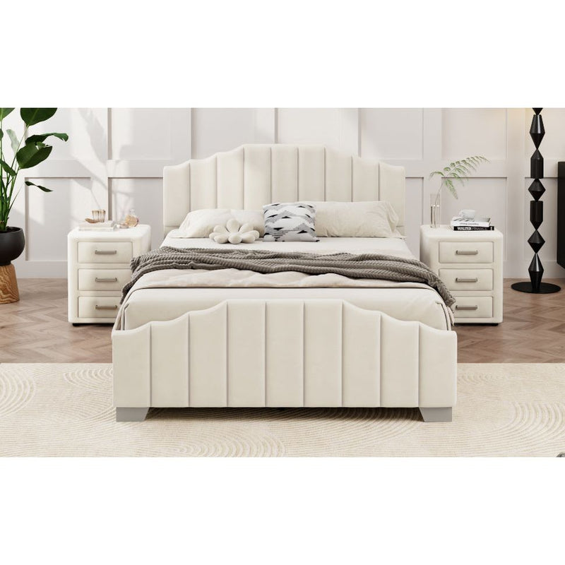 3 Pieces Bedroom Sets Queen Size Velvet Upholstered Platform Bed Vertical Channel Tufted Headboard and Two Three-drawer Nightstands,Beige