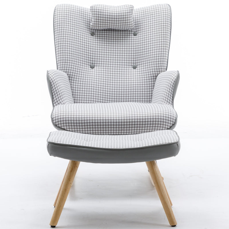 35.5 inch Rocking Chair, Soft Houndstooth Fabric Leather Fabric Rocking Chair for Nursery, Comfy Wingback Glider Rocker with Safe Solid Wood Base for Living Room Bedroom Balcony (light grey)