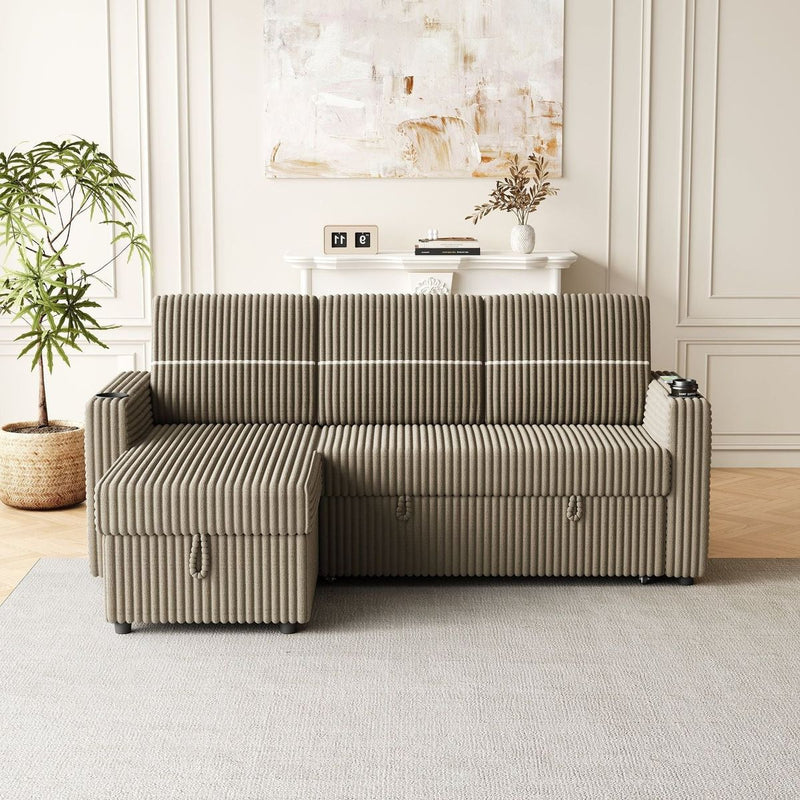 85 Inches Corduroy Sofa Bed, 3 Seater Sleeper Sofa with Storage Chaise, Square Handrail With Two Cup-holder And USB Charge Port, Pull Out Couch for Living Room