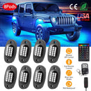 8 Pods RGB LED Rock LightsÊDC12V Car Neon Light Kit IP68 Waterproof Underglow Lights with Double Remote Controls Wireless APP ControlÊfor Jeep Truck U