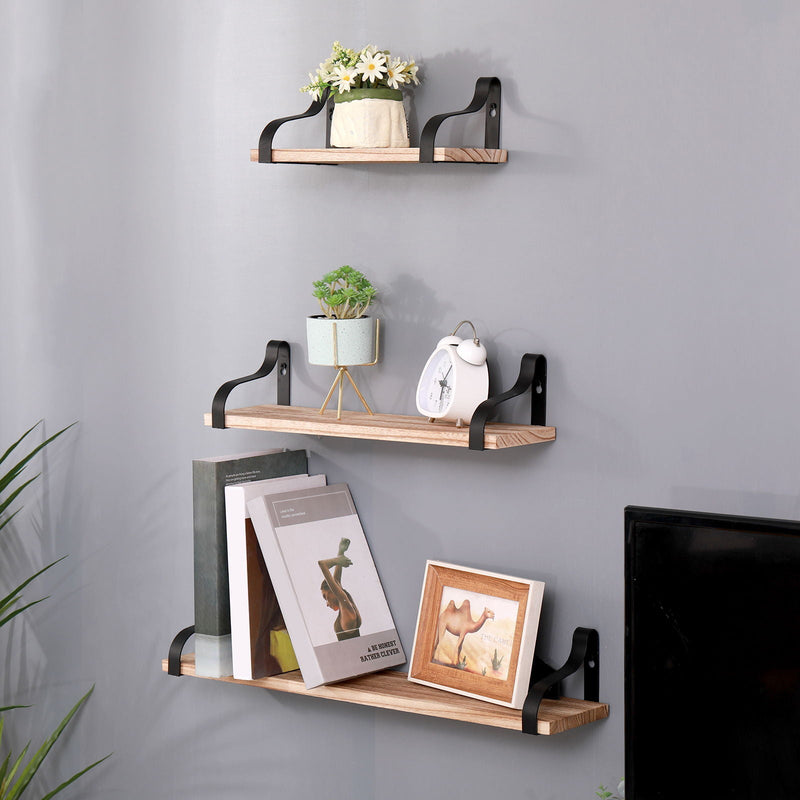 Floating Shelves, Long Wall Shelves (Set of 3), Wall Mounted Shelves & Brackets For Bedroom - Natural Wood, photo 4 of 5