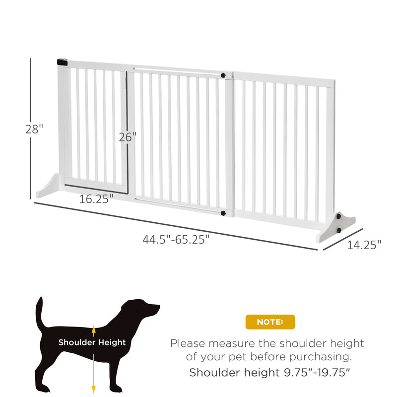 Adjustable Wooden Pet Gate, Freestanding Dog Fence for Doorway, Hall, 3 Panels w/ Safety Barrier, Lockable Door, White, 44.5"-65.25" L x 14.25" H