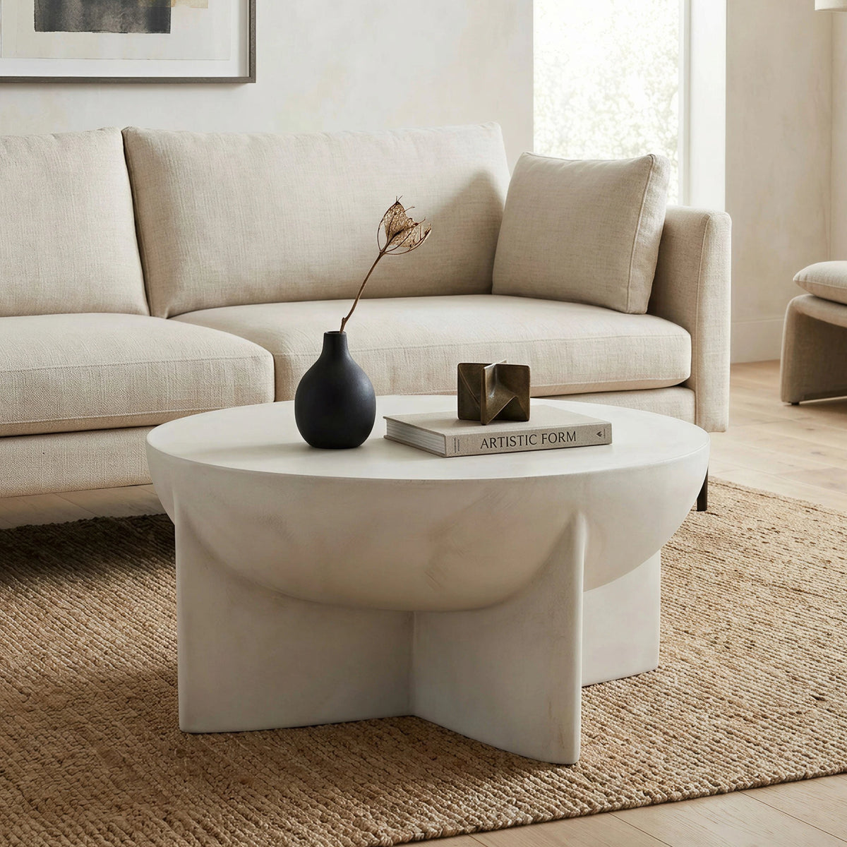 Matte White Round Coffee Table, Magnesium Oxide Sculptural Tripod Base, photo 7 of 9