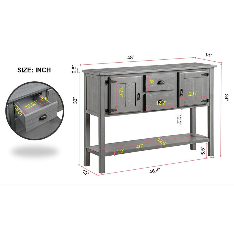 48" Solid Wood Sideboard Console Table with 2 Drawers and Cabinets and Bottom Shelf, Retro Style Storage Dining Buffet Server Cabinet for Living Room Kitchen Dining Room(Antique Gray)