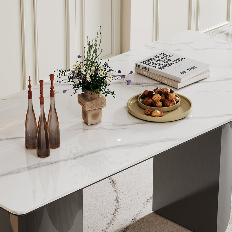 0.47" Thick Sintered Stone Composite Tempered Glass Top Dining Table with Stainless Steel Base