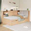 Twin L - Shaped Daybed With Storage Bookcase, Upholstered Headboard, USB Charging Ports & Hidden Drawers - Natural by HouseOfZazla
