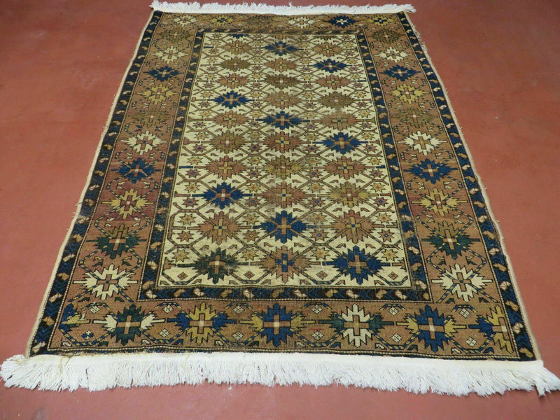 4' X 5' Antique Handmade Caucasian Kazak Shirvan Wool Rug Snow Flakes