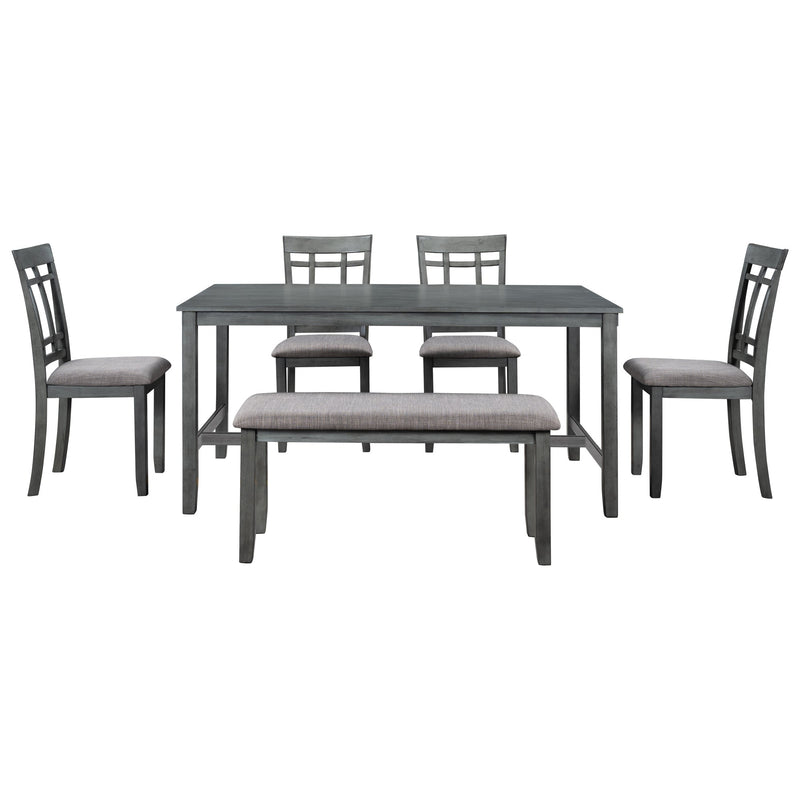 6 Piece Wooden Dining Table set, Kitchen Table set with 4 Chairs and Bench, Farmhouse Rustic Style,Gray