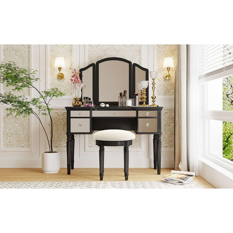 43" Dressing Table Set with Mirrored Drawers and Stool, Tri-fold Mirror, Makeup Vanity Set for Bedroom, Black