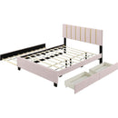 Queen Size Upholstered Platform Bed with 2 Drawers and 1 Trundle, Classic Metal Strip Headboard Design, Pink