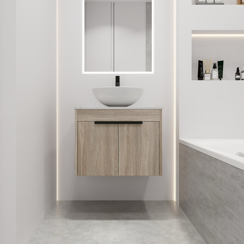 24" Modern Design Float Bathroom Vanity With Ceramic Basin Set, Wall Mounted White Oak Vanity With Soft Close Door, KD-PackingD-Packing Pieces