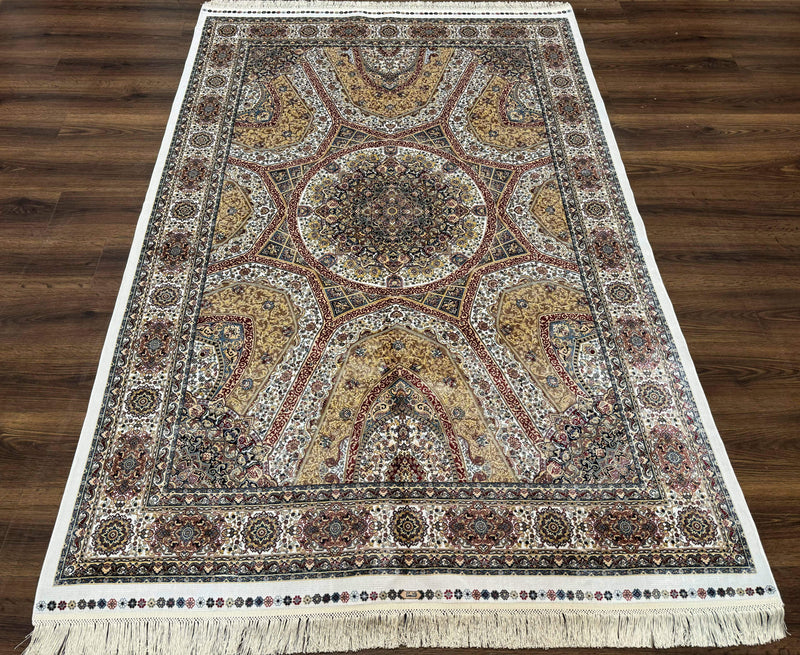 Turkish Silk Rug 5 x 7.6, Dome Design, Bamboo Silk, New
