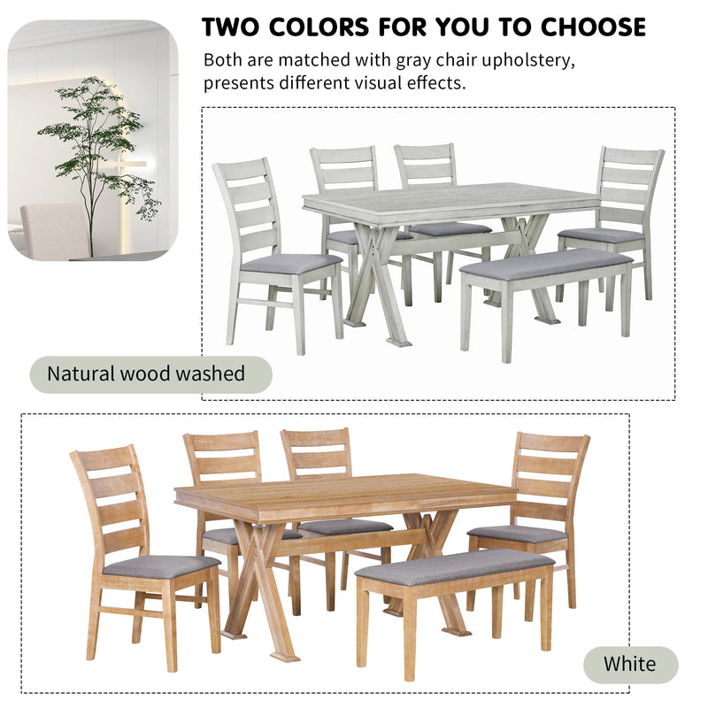 6-Piece Retro 59"L Rectangular Dining Table Set, Table with Unique Legs and 4 Upholstered Chairs & 1 Bench for Dining Room and Kitchen (White)