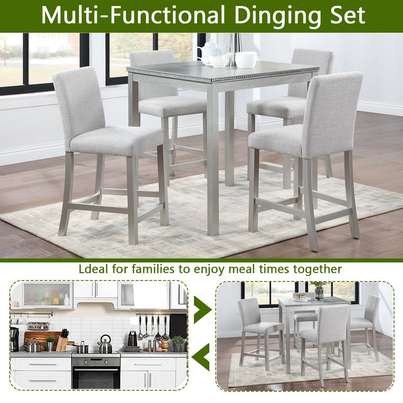 5 Piece Counter Height Table Set, Wooden Kitchen Table Set with Square Table and 4 Upholstered Chairs, Counter Height Dining Table with Crystal Decoration and Chair Set for Kitchen, Dining Room,Gray