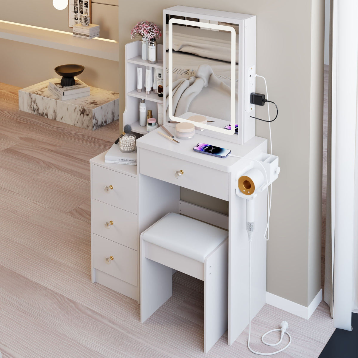 Cabinet Vanity Table & Cushioned Stool, USB Power Station, Hair Dryer Bracket - White, photo 11 of 12