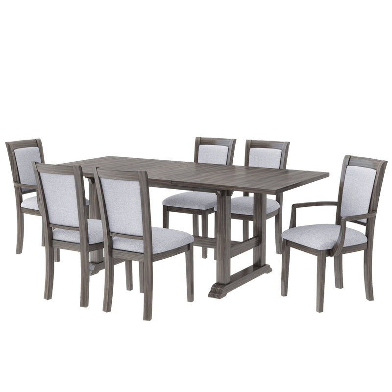 7-Piece Updated 76.9inch Extendable Trestle Dining Table Set with Removable Leaf, Kitchen Table Set with Upholstered Side Chair and Arm Chair, Set of 6, Grey