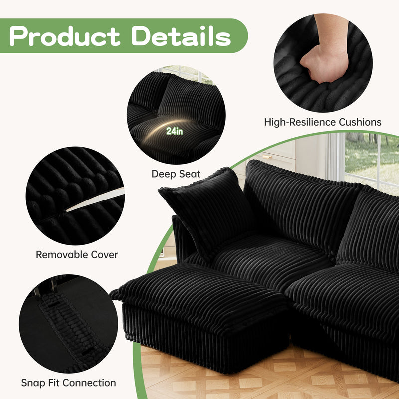 L-Shaped Slipcovered Sectional Sofa Couch, Comfy Deep Seat Cloud Couch with Convertible Ottoman & 2 Big Pillows, Modern Oversized 3 Seater Slipcovered Sofa Set for Living Room Office, Black Corduroy
