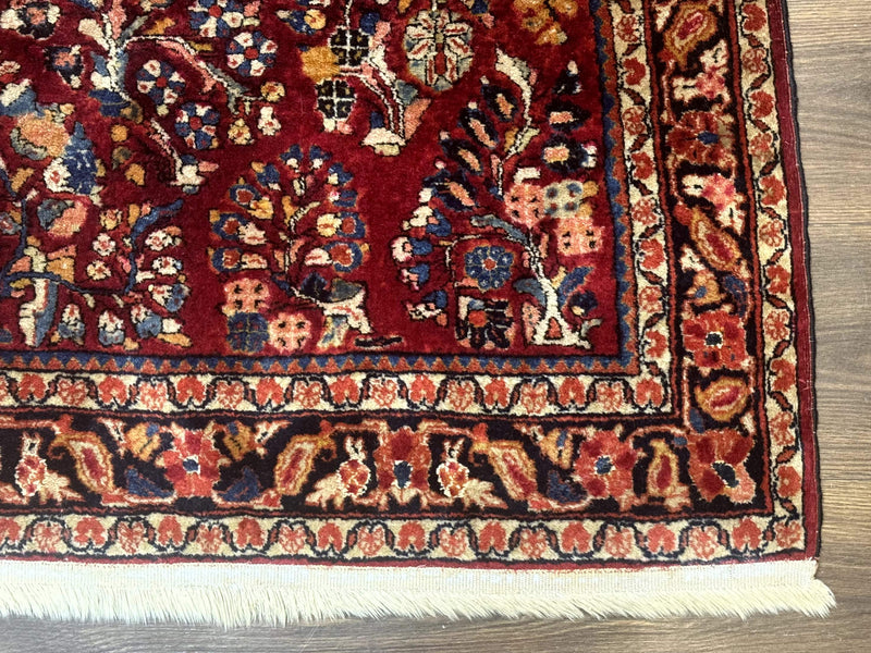 Antique Persian Sarouk Rug 4x6, Floral, Red, Wool Hand Knotted Fine 225 KPSI