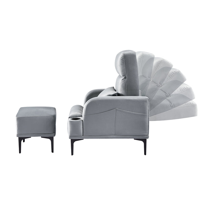 Accent Chairs with Ottoman, Velvet Fabric Armchair with Ottoman for Bedroom Living Room, Modern Chair with cup holder, Adjustable Backrest and Side Pockets.